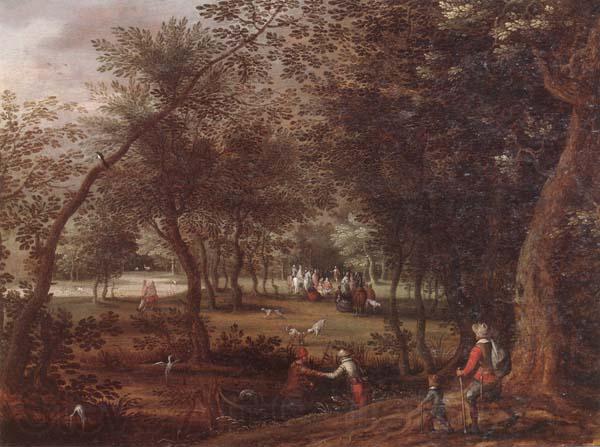 David Vinckboons A wooded river landscape with saint john the baptist preaching inthe distance
